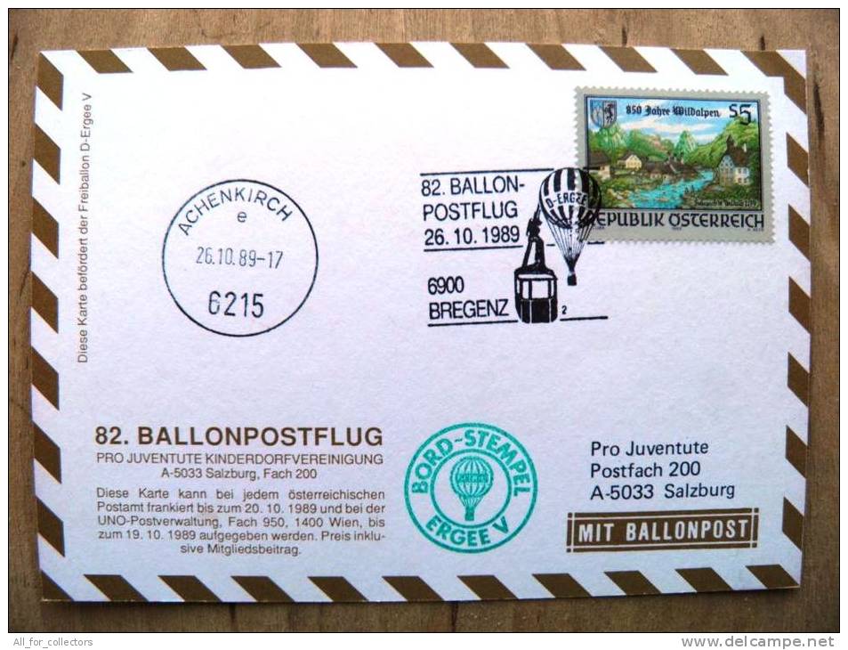 82. Ballonpost Card From Austria 1989 Cancel Balloon Bregenz Wildalpen Landscape - Lettres & Documents