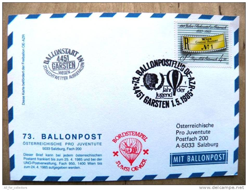 73. Ballonpost Card From Austria 1985 Cancel Balloon Garsten Jugend Wien Central Postamt, Red Cancel Honey Bee - Lettres & Documents