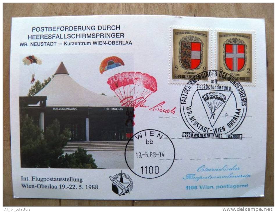 Card From Austria 1988 Cancel Neustadt Wien Oberlaa Coat Of Arms Parachutes Cancel - Briefe U. Dokumente