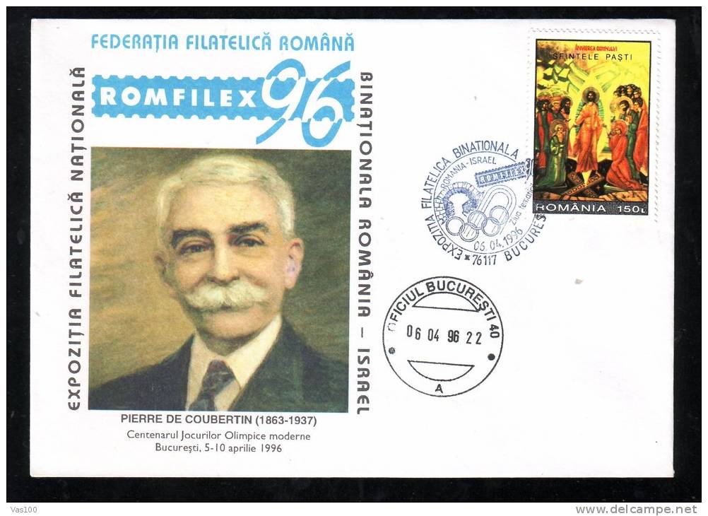 PIERRE DE COUBERTIN, CENTENARY MODERM OLYMPICS GAMES VERY RARE CACHET ON  COVER 1996 ROMANIA - Estate 1996: Atlanta