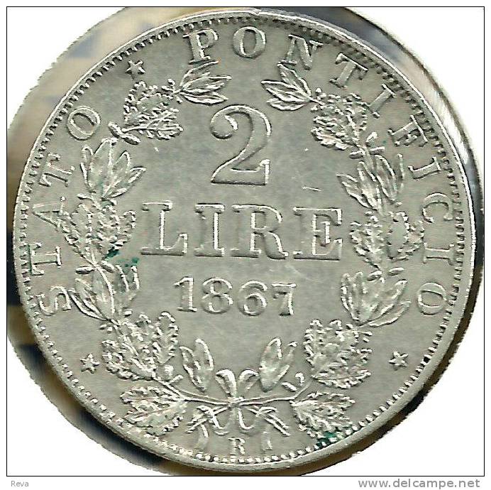 VATICAN PAPAL 2 LIRE WREATH FRONT POPE PIUS IX BACK DATED 1867 AG SILVER YEAR22 KM1309.2 READ DESCRIPTION CAREFULLY !!! - Vatican