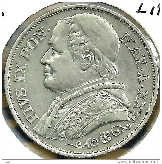 VATICAN PAPAL 2 LIRE WREATH FRONT POPE PIUS IX BACK DATED 1867 AG SILVER YEAR22 KM1309.2 READ DESCRIPTION CAREFULLY !!! - Vatican