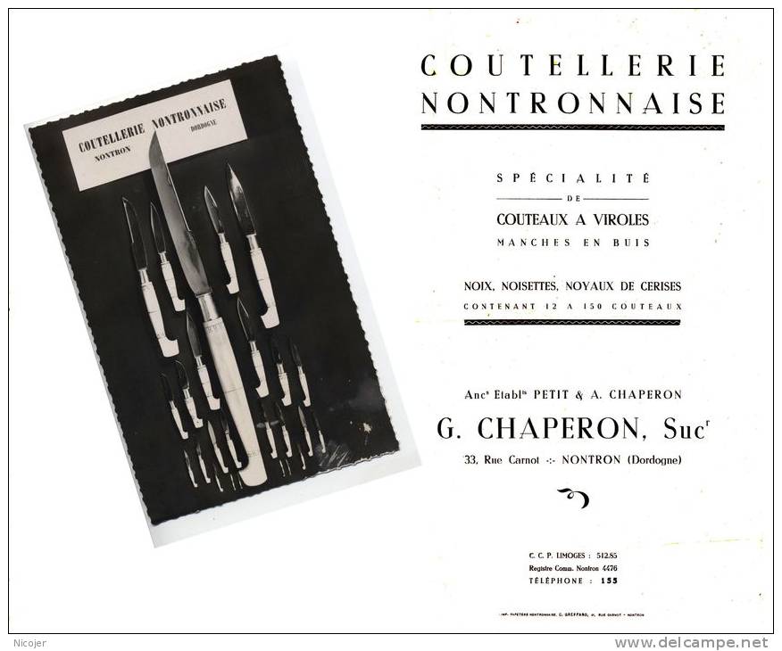 CATALOGUE COUTEAUX NONTRON PETIT § CHAPERON 33 RUE CARNOT + CARTE POSTALE COUTEAUX PHOTOCOPIE - Publicités