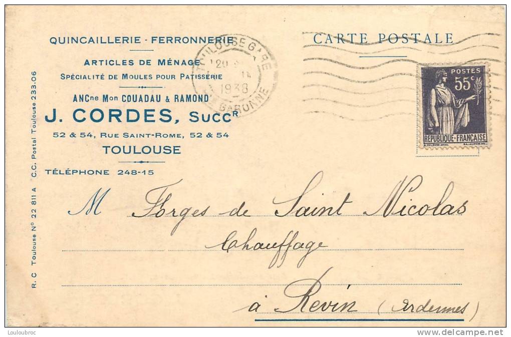 31 TOULOUSE CARTE LETTRE QUINCAILLERIE CORDES   VOIR 2 SCANS - Toulouse