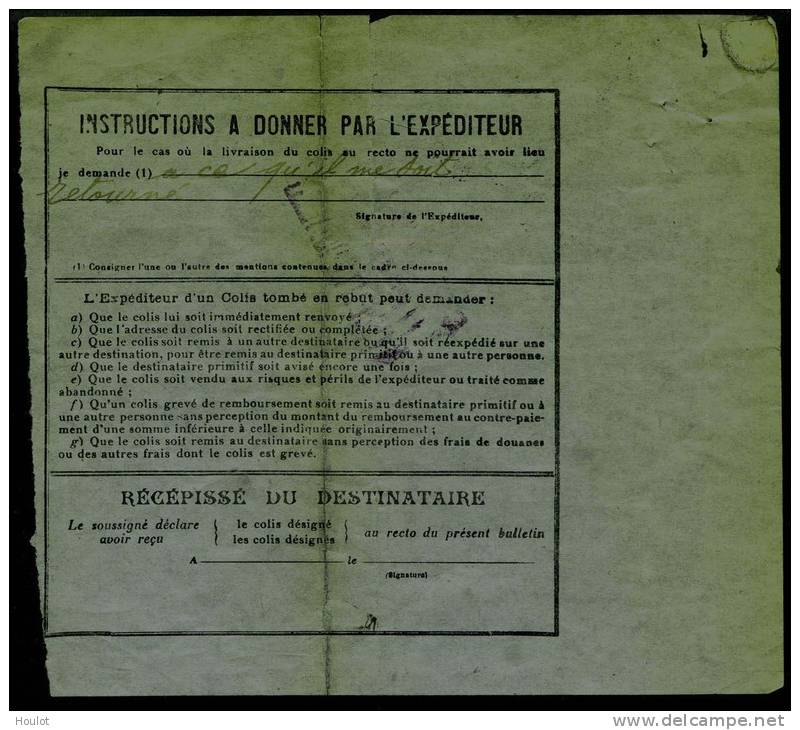 Bulletin D´un Colis Postal De 8 Mai 1926 De 5 Kilos, Sur Le Verso  Instructions A Donner Par L´Epediteur Voit Scans, - Colis Postaux