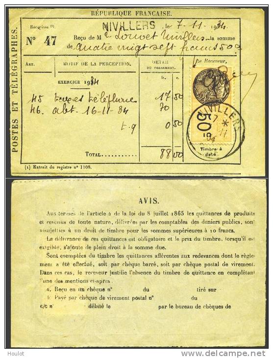 Petite Avis De Nivillers De 7. 11. 1934 Avec Affranchissement 50 Centimes De Postes Et Telegraphes - Covers & Documents