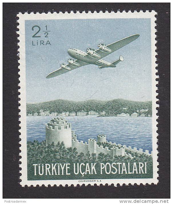 Turkey, Scott #C18, Mint Hinged, Plane Over Rumeli Hisari Fortress, Issued 1950 - Poste Aérienne