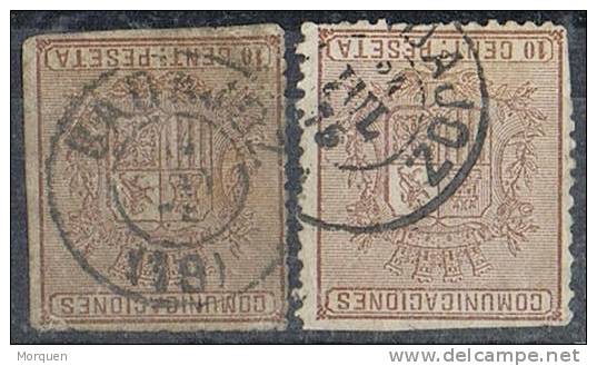 Dos Sellos 10 Cts Comunicaciones 1874, Fechadores De BADAJOZ. Num 153-153a º - Used Stamps