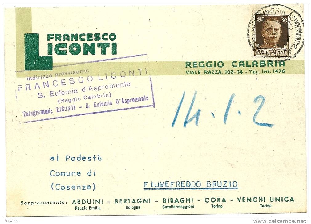 PUBBLICITARIA COMMERCIALE 1943 REGGIO CALABRIA CARTOLINA POSTALE F.LICONTI - Marcophilie