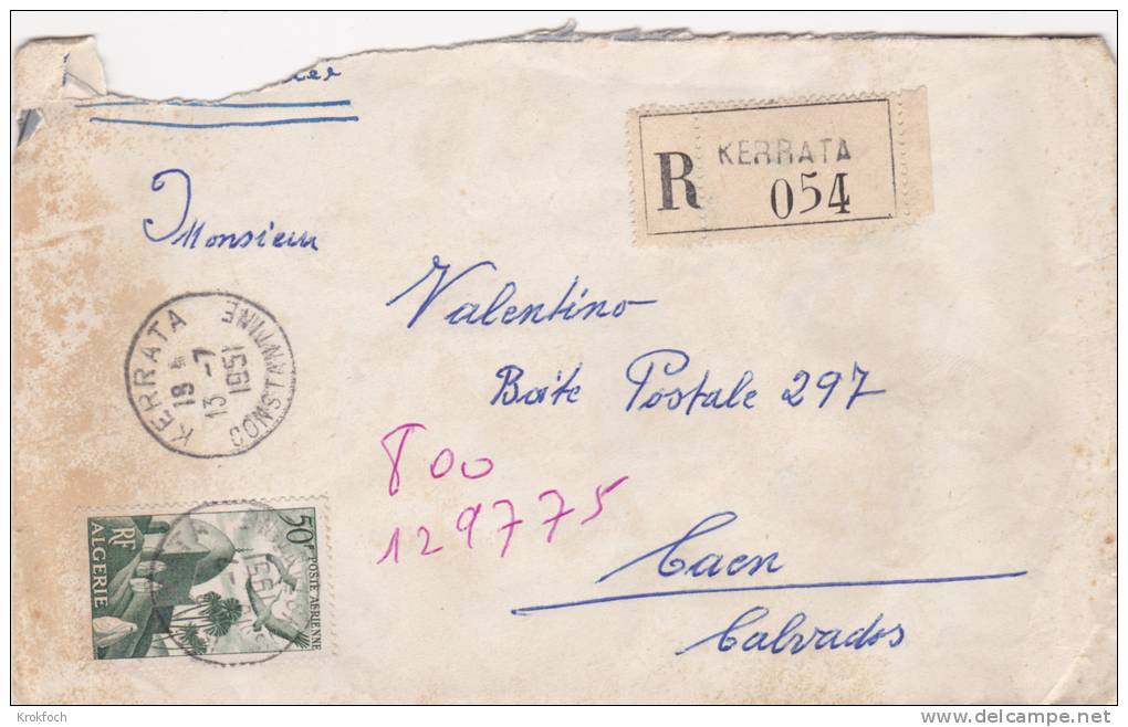 Kerrata 1951 - Lettre Recommandée Algérie Avec étiquette Recommandation - Cartas & Documentos