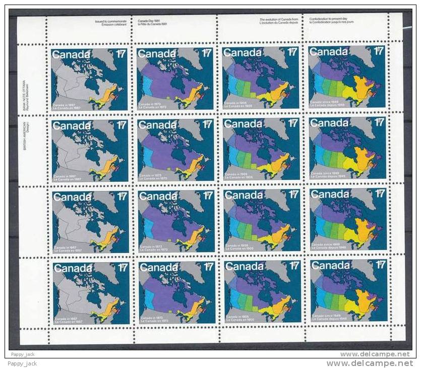 Canada Day Pane Of 16 MAPS Of Canada Evolution Of Provinces  # 893i Sheetlet 1981 - Hojas Bloque