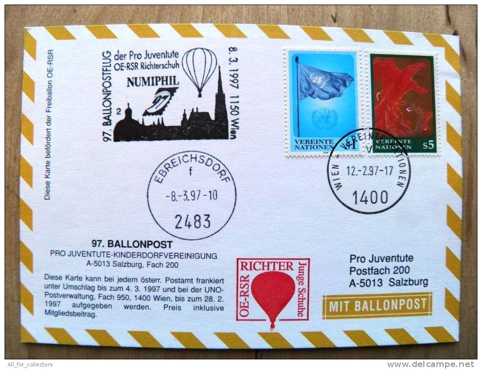 Card Sent In UN Austria Vereinte Nationen Ballonpost Balloon 1997 Flag Uno Bird Numiphil - Other & Unclassified