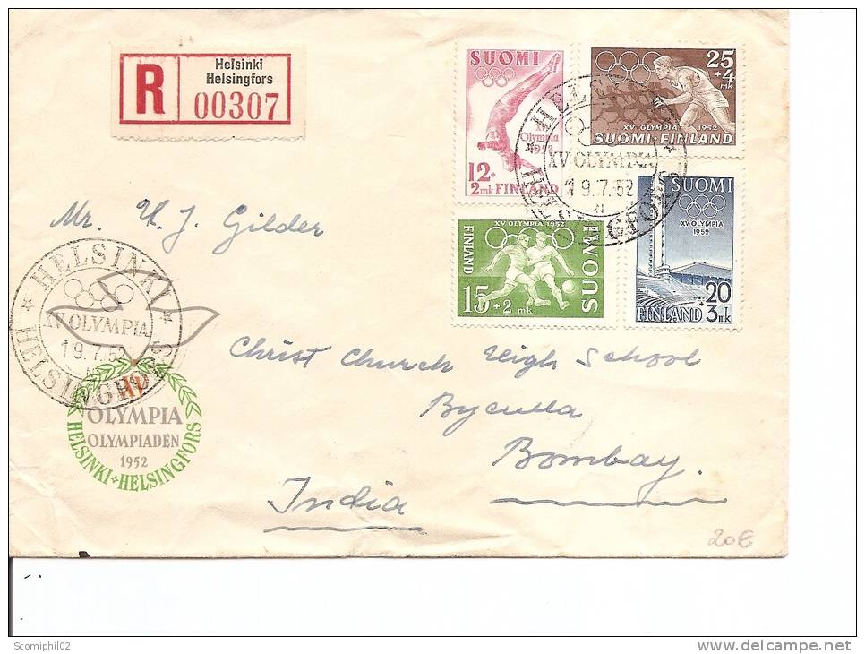 JO De Helsinki-1952 ( Lettre En Recommandé De Finlande Vers L'Inde Avec Cachet Des Jeux à Voir) - Summer 1952: Helsinki