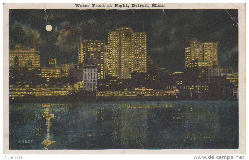 Litho Water Front At Night Detroit Michigan SEP-9-1927 - Detroit