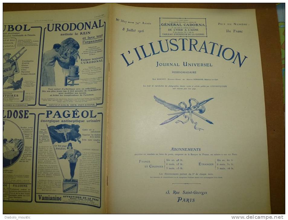 L' ILLUSTRATION  N° 3827  Du  8 Juillet 1916 : Belle Lithographie Couleur  Portrait Du Général  Italien CARDONA - L'Illustration