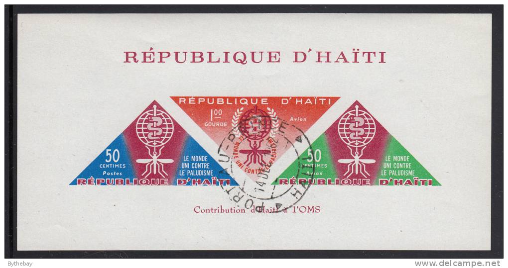 Haiti Used Scott #C190a Imperf Souvenir Sheet Of 3 Malaria Eradication With Inscription At Bottom - Haïti