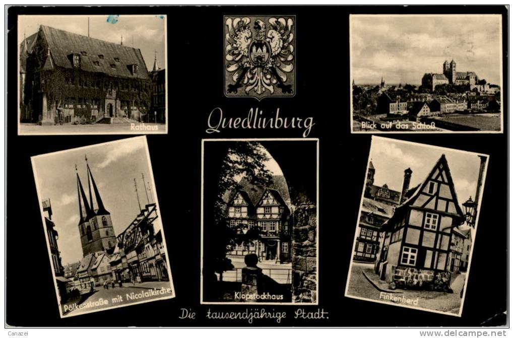 AK Quedlinburg, Rathaus, Pölkenstraße, Nicolaikirche, Finkenherd,Schloß,gel,1958 - Quedlinburg