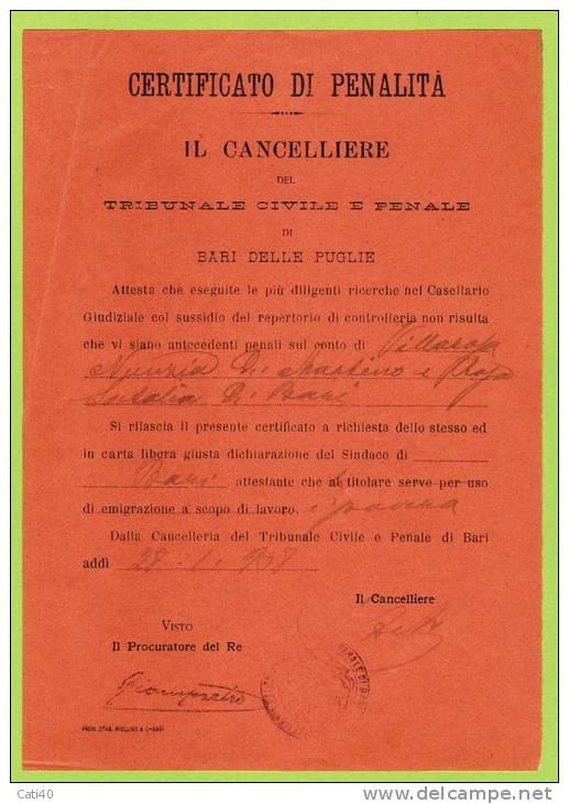1908 - TRIBUNALE DI BARI DELLE PUGLIE - CERTIFICATO PENALE  DI VILLAROSA NUNZIA.... - Documents Historiques