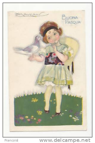 Buona Pasqua. Petite Fille Et Pigeon. 1918 Signée Mauzan - Mauzan, L.A.