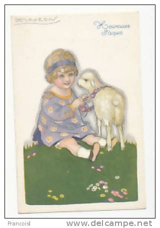 Heureuses Pâques. Petite Fille, Agneau Et Couronne De Fleurs. Signée Mauzan - Mauzan, L.A.