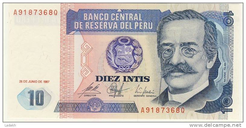 BILLET # PEROU # 1987 # DIEZ INTIS # 10 INTIS # NEUF # RICARDO PALMA - Pérou