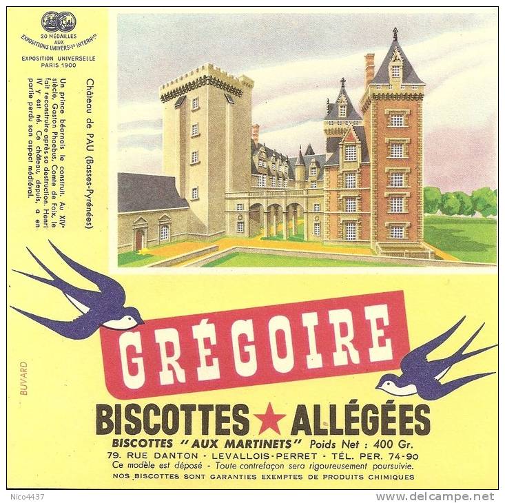 Buvard Biscttes Gregoire Chateau   De Pau - Biscottes