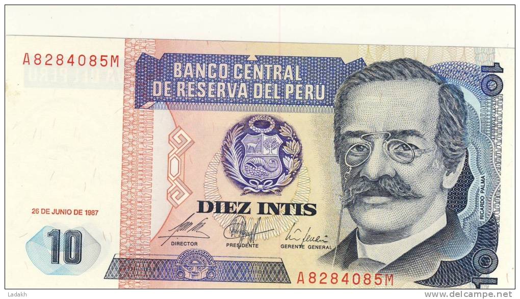 BILLET # PEROU # 1987 # DIEZ INTIS # 10 INTIS # NEUF # RICARDO PALMA - Pérou