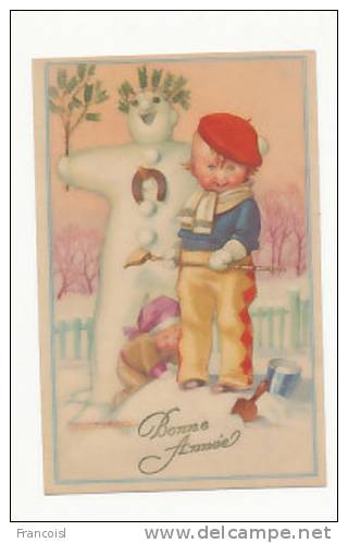 Bonne Année. Deux Enfants Dans La Neige, Fer à Cheval Et Bonhomme De Neige. Signée Mauzan - Mauzan, L.A.