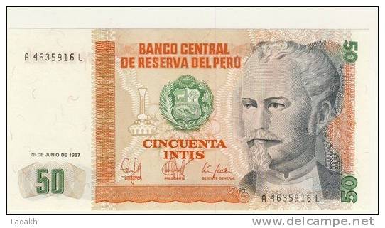 BILLET # PEROU # 1987 # CINCUENTA INTIS  # CINQUANTE INTIS # NEUF #NICOLAS DE PIEROLA - Perú
