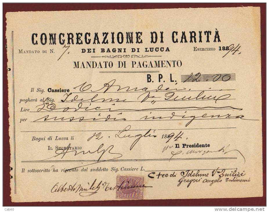 1894 - BAGNI DI LUCCA - CONGREGAZIONE DI CARITA´ - RARO MANDATO DI PAGAMENTO IN BOLLO - Documentos Históricos