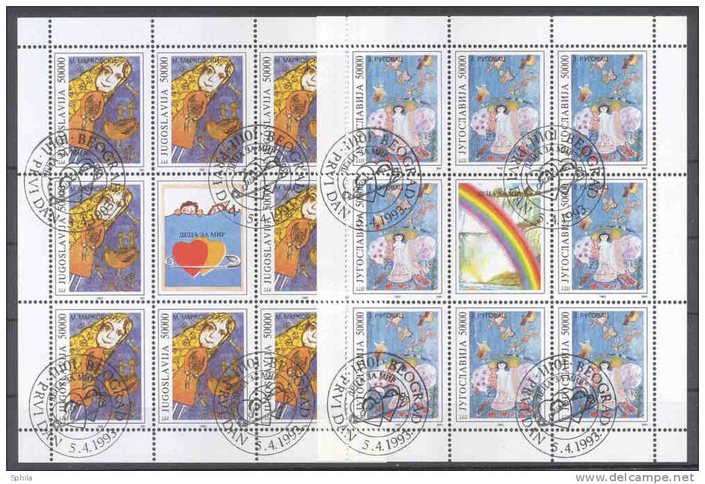 Jugoslawien – Yugoslavia 1993 Children For Peace Mini Sheets CTO, One Sheet Minor Bend In Selvage - Blocks & Sheetlets