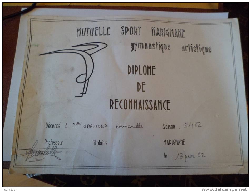 DIPLOME SPORT MARIGNANE MUTUELLE GYMNASTIQUE ARTISTIQUE - Diplomas Y Calificaciones Escolares