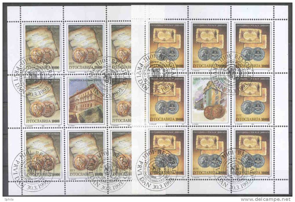 Jugoslawien – Yugoslavia 1993 Inauguration Of Serbian Currency 125th Anniversary Mini Sheets CTO; Michel # 2593-94 - Blocks & Sheetlets