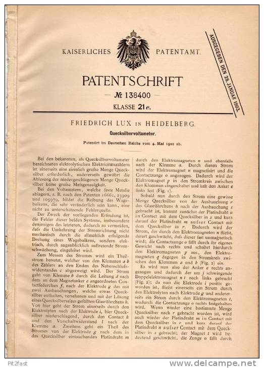 Original Patentschrift - Friedrich Lux In Heidelberg , 1902 , Quecksilber - Voltameter , Elekticität !!! - Historische Dokumente