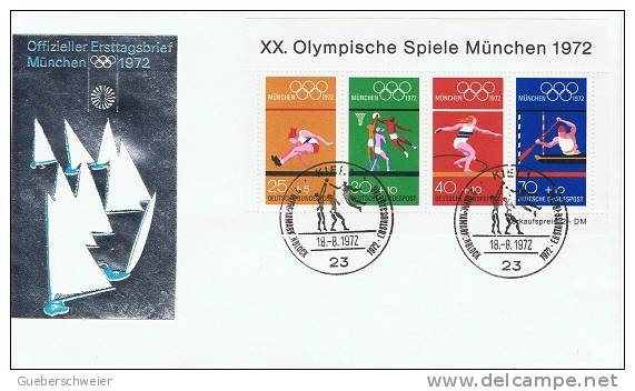 JO72-E/L32 - Allemagne BF 7 neuf** + 3 FDC obl. diff. Munich - Kiel - Augsburg - Jeux Olympiques Munich 1972