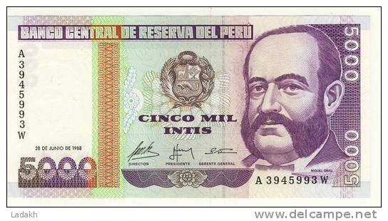 BILLET # PEROU # 1988 # CINCO MIL INTIS  # CINQ MILLE INTIS # NEUF # MIGUEL GRAU - Pérou