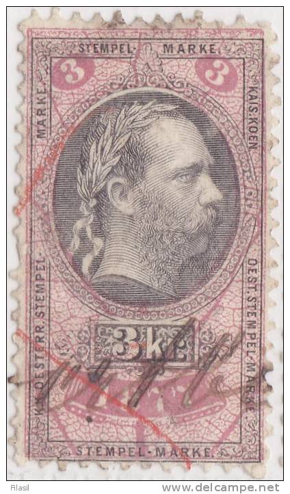 SI53D AUSTRIA OSTERREICH Marche Marca Da Bollo FISCALE STEMPEL MARKE 3 KR 1877 Usata - Fiscale Zegels