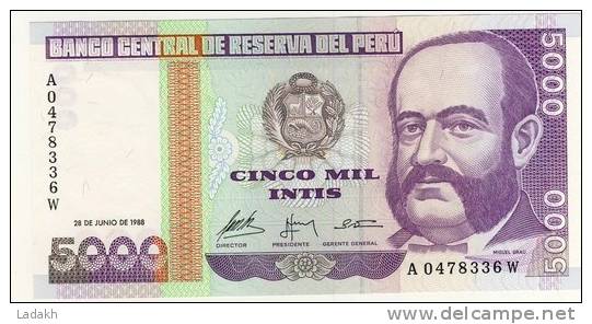 BILLET # PEROU # 1988 # CINCO MIL INTIS  # CINQ MILLE INTIS # NEUF # MIGUEL GRAU - Peru