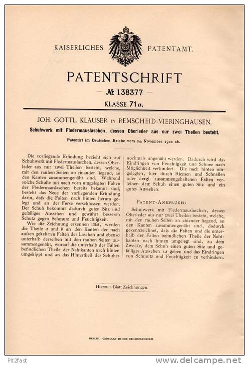 Original Patentschrift - J- Kläuser In Remscheid - Vieringhausen , 1900, Schuhe Mit Fledermaus - Laschen , Schuhmacher ! - Zapatos