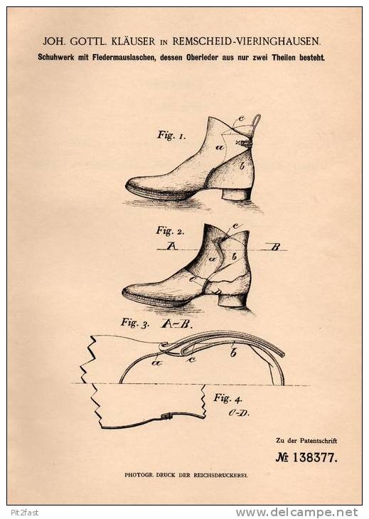 Original Patentschrift - J- Kläuser In Remscheid - Vieringhausen , 1900, Schuhe Mit Fledermaus - Laschen , Schuhmacher ! - Shoes