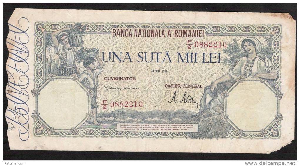 ROUMANIE ROMANIA P58  100.000 LEI  28 Mai 1946    VG - Roumanie