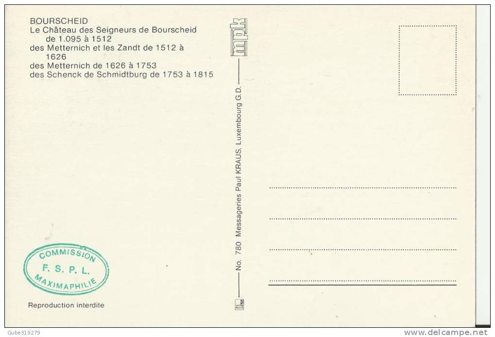 LUXEMBOURG 1982 – MAXIMUM CARD FD BOURSCHEID – CASTLE OF METTERNICH, ZANDT,SCHENCH SCHMIDTBURG W 1 ST OF 6 F. POSTM LUXE - Maximumkaarten