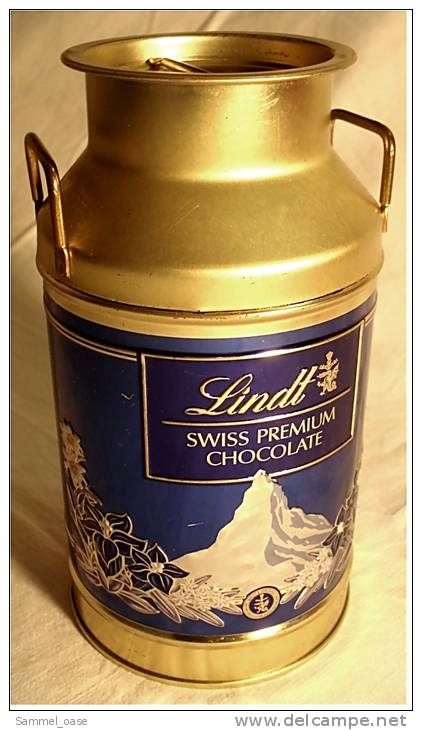 Blechdose  LINDT  SWISS PREMIUM  CHOCOLATE  -  In Milchkannenform , Höhe Ca. 16,5 Cm - Scatole