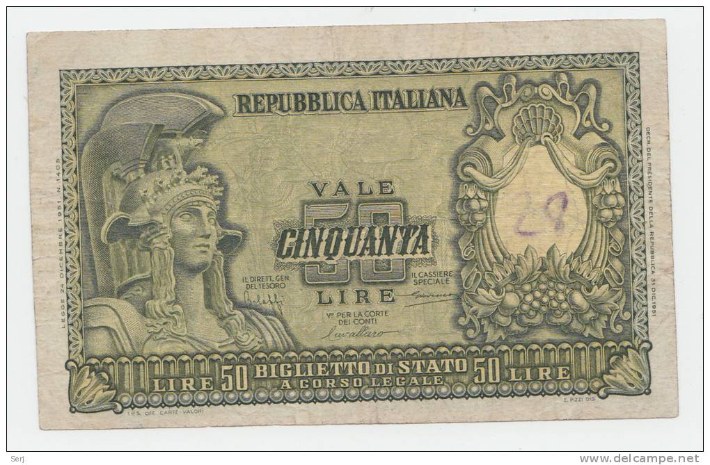 ITALY 50 Lire 1951 VF P 91a 91 A - 50 Liras