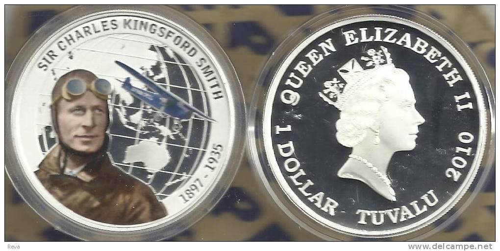 TUVALU $1 AIRPLANE C.KINGSFORD-SMITH COLOURED FRONT QEII BACK 2010 SILVER PROOF READ DESCRIPTION CAREFULLY !!! - Tuvalu