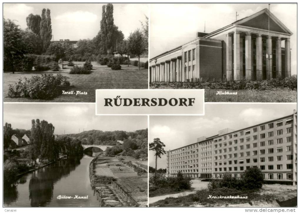 AK Rüdersdorf: Torell-Platz, Klubhaus, Bülow-Kanal, Kreiskrankenhaus, Ung, 1984 - Rüdersdorf