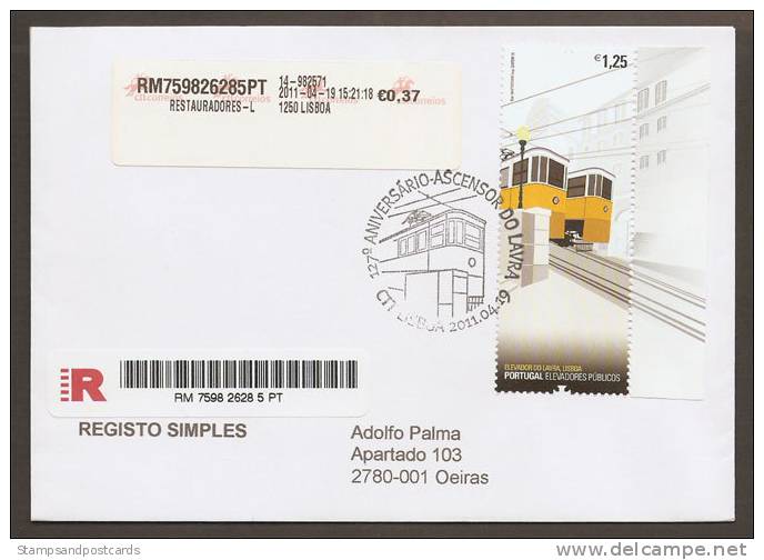 Portugal Lettre Recommandée Tram Ascenseur Du Lavra Lisbonne 2011 Registered Cover Elevator Tramway - Maschinenstempel (Werbestempel)