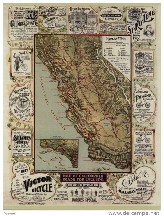 CPM - Carte De Californie - Routes Pour Cyclistes  - Publicités Pour Vélos - Cyclisme