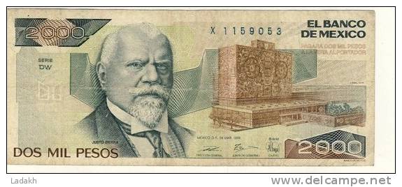 BILLET # MEXIQUE # 2000 PESOS # DOS MIL  PESOS # 1989  #  JUSTO SIERRA - Mexico