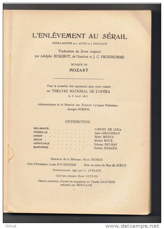 1951 - MOZART - L´enlèvement Au Sérail - Théâtre National De L´ Opéra -- Partition Chant & Piano - Opéra